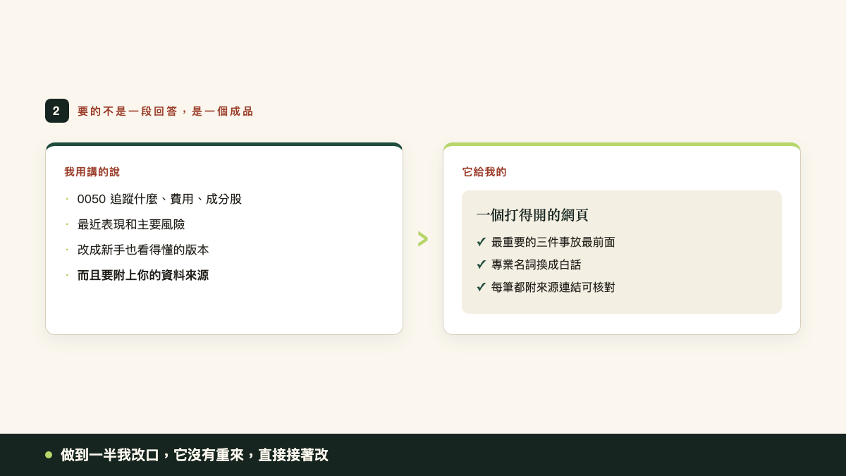用講的把需求說完,它回一個附來源連結的網頁成品